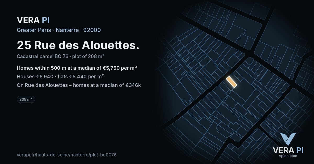 25 Rue des Alouettes, Nanterre at night – the plot lit, the parcels around coloured by the prices near them