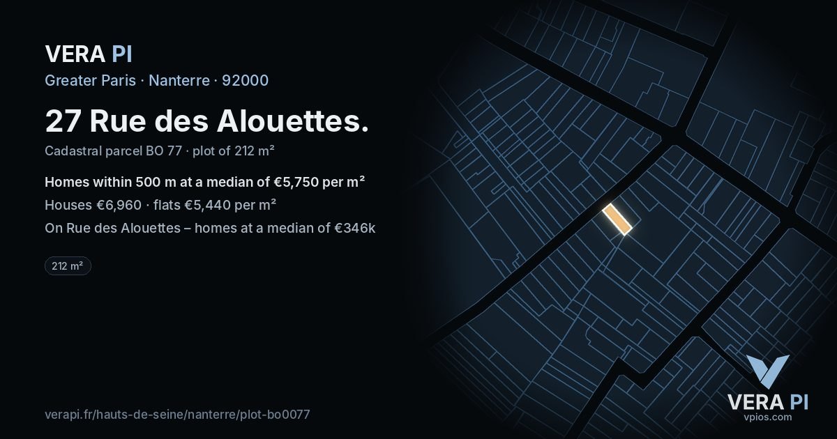 27 Rue des Alouettes, Nanterre at night – the plot lit, the parcels around coloured by the prices near them