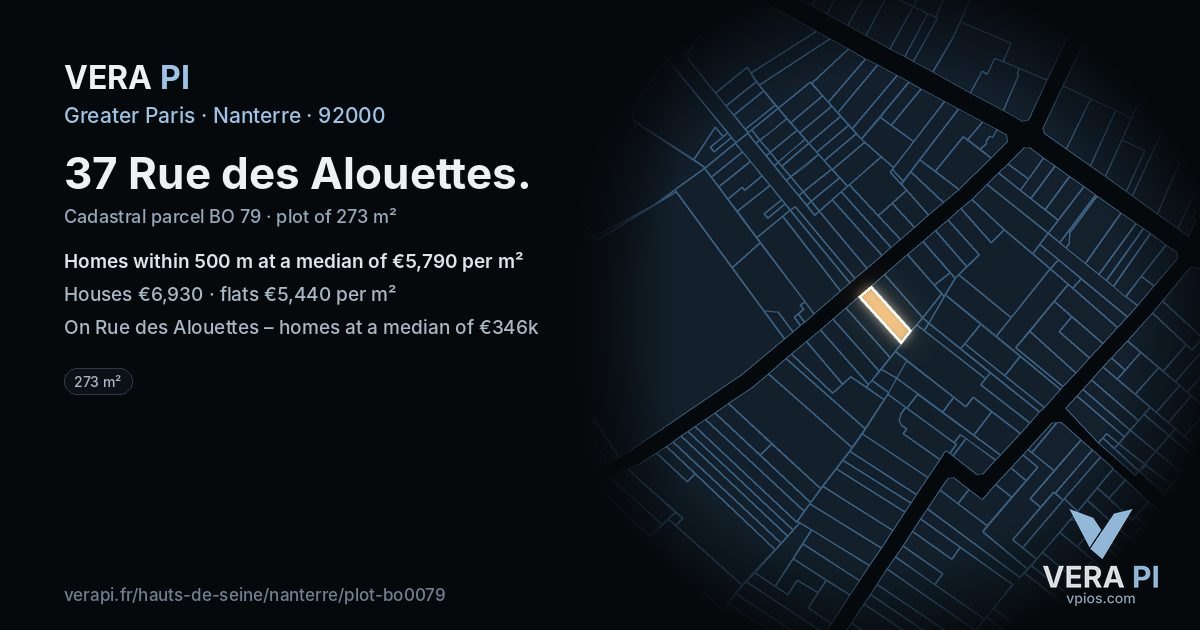 37 Rue des Alouettes, Nanterre at night – the plot lit, the parcels around coloured by the prices near them