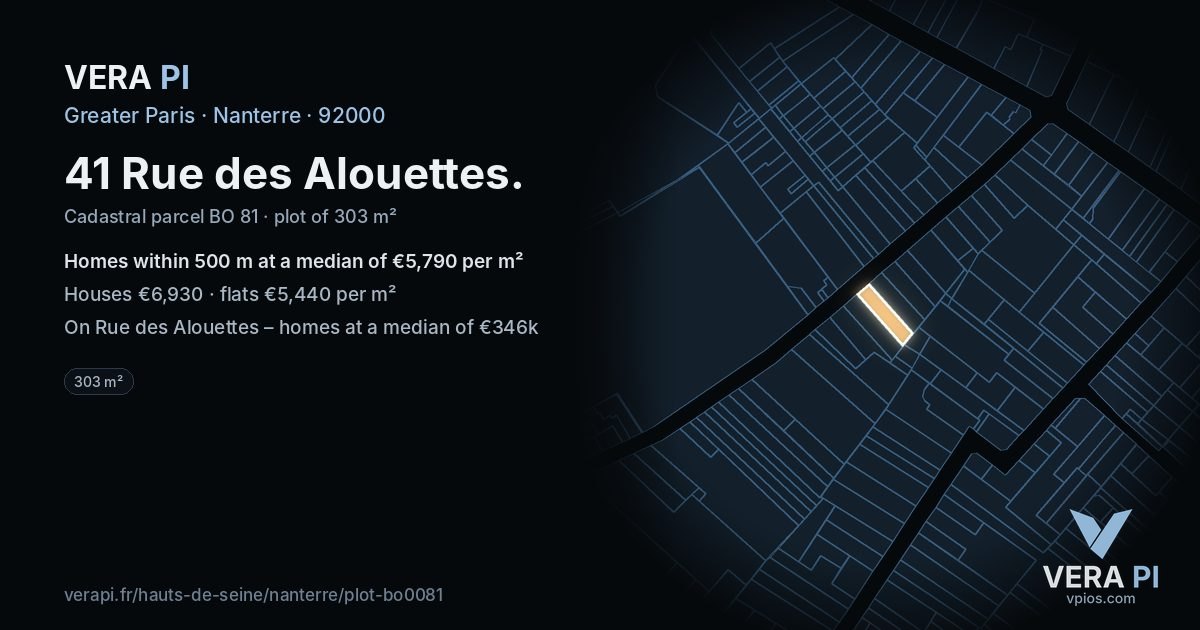 41 Rue des Alouettes, Nanterre at night – the plot lit, the parcels around coloured by the prices near them