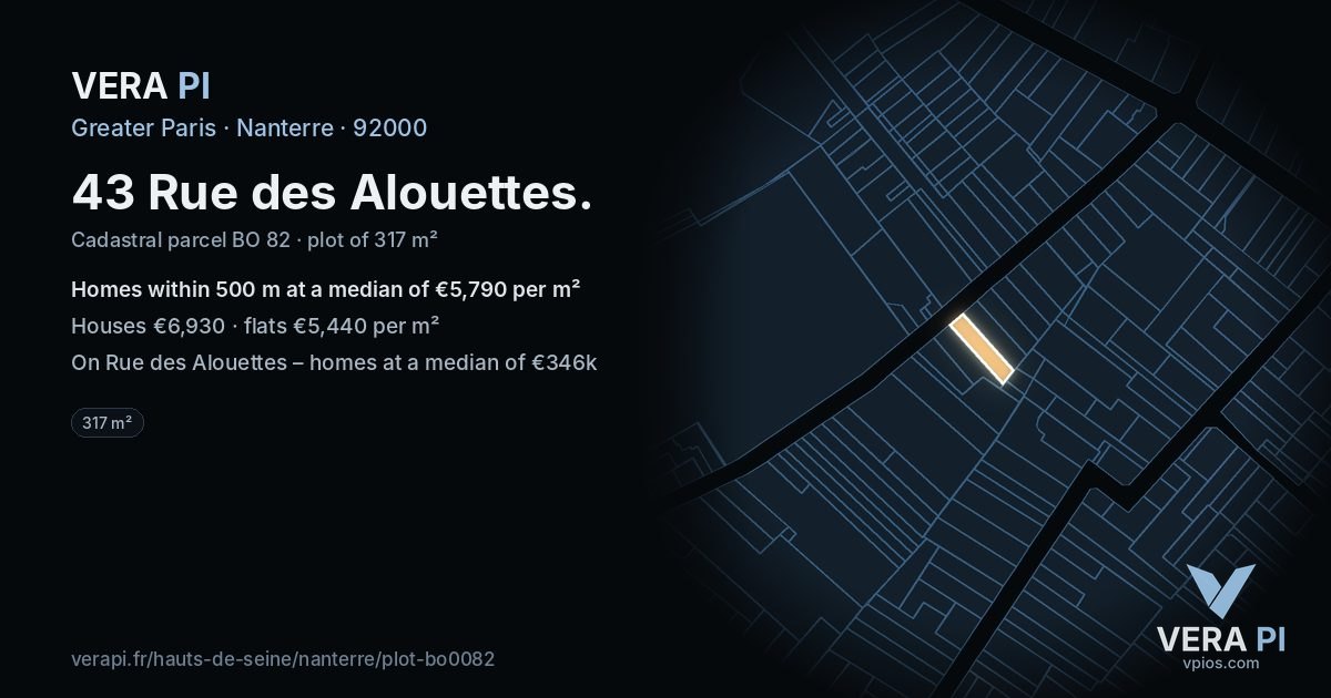43 Rue des Alouettes, Nanterre at night – the plot lit, the parcels around coloured by the prices near them