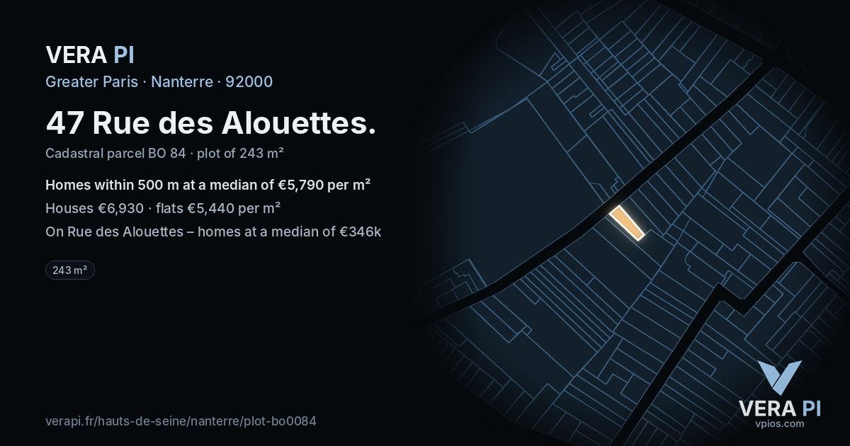 47 Rue des Alouettes, Nanterre at night – the plot lit, the parcels around coloured by the prices near them