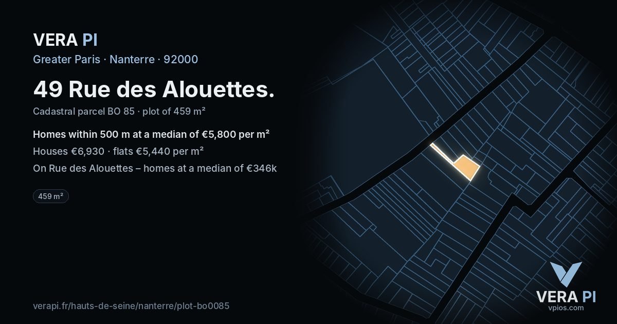 49 Rue des Alouettes, Nanterre at night – the plot lit, the parcels around coloured by the prices near them