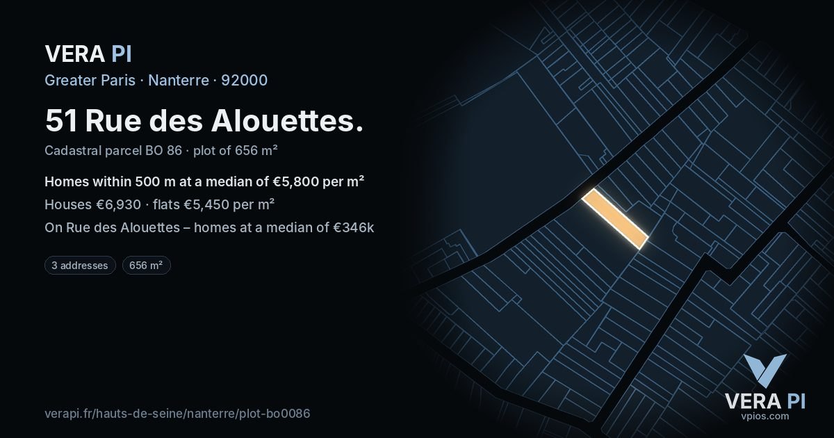 51 Rue des Alouettes, Nanterre at night – the plot lit, the parcels around coloured by the prices near them