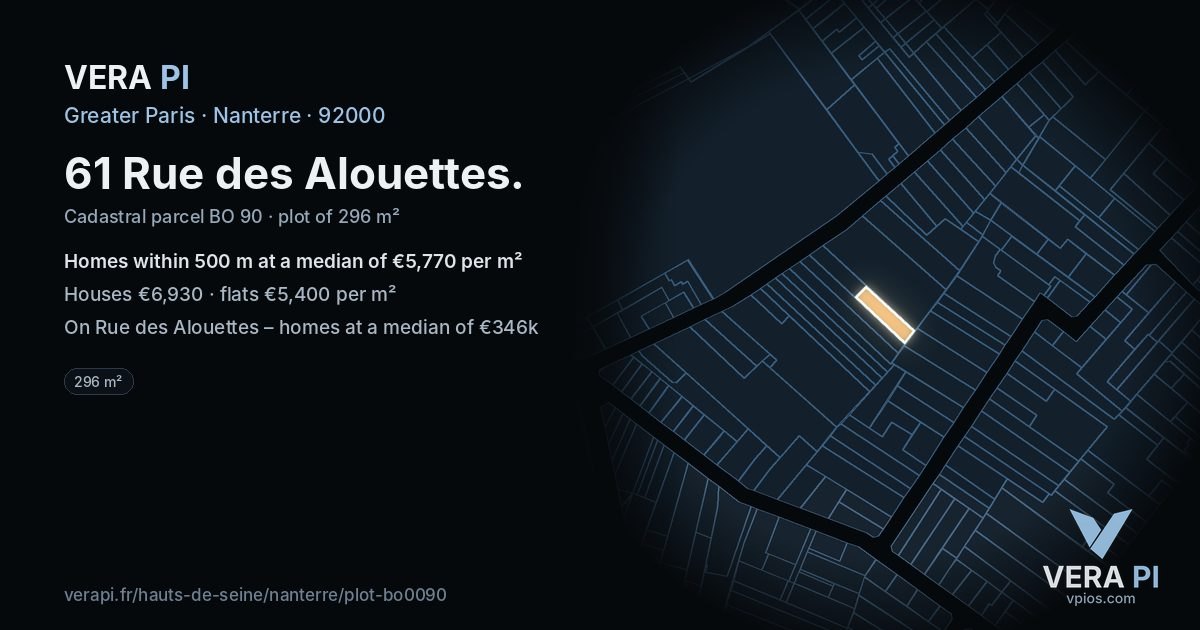 61 Rue des Alouettes, Nanterre at night – the plot lit, the parcels around coloured by the prices near them