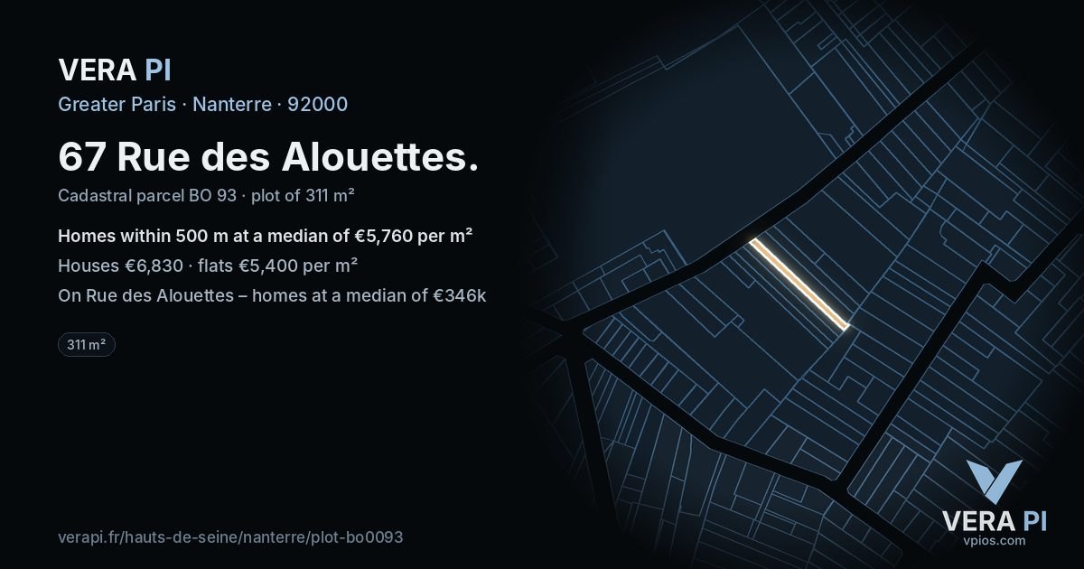 67 Rue des Alouettes, Nanterre at night – the plot lit, the parcels around coloured by the prices near them