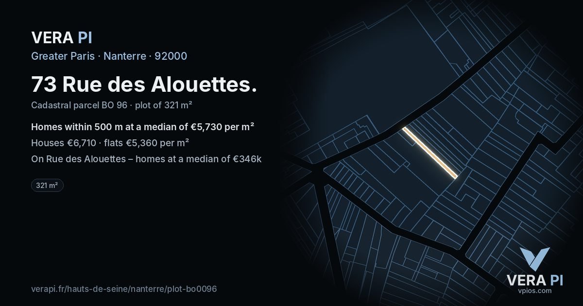 73 Rue des Alouettes, Nanterre at night – the plot lit, the parcels around coloured by the prices near them