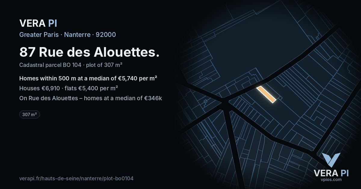 87 Rue des Alouettes, Nanterre at night – the plot lit, the parcels around coloured by the prices near them