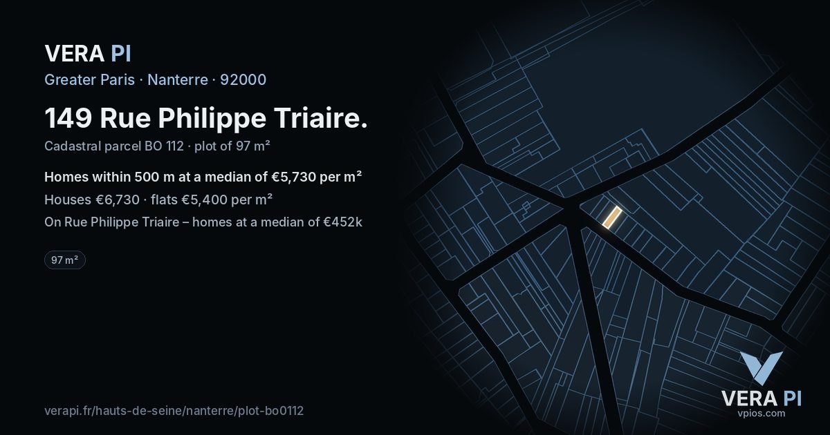 149 Rue Philippe Triaire, Nanterre at night – the plot lit, the parcels around coloured by the prices near them