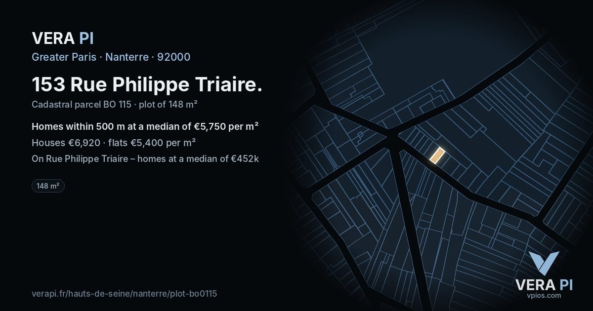 153 Rue Philippe Triaire, Nanterre at night – the plot lit, the parcels around coloured by the prices near them