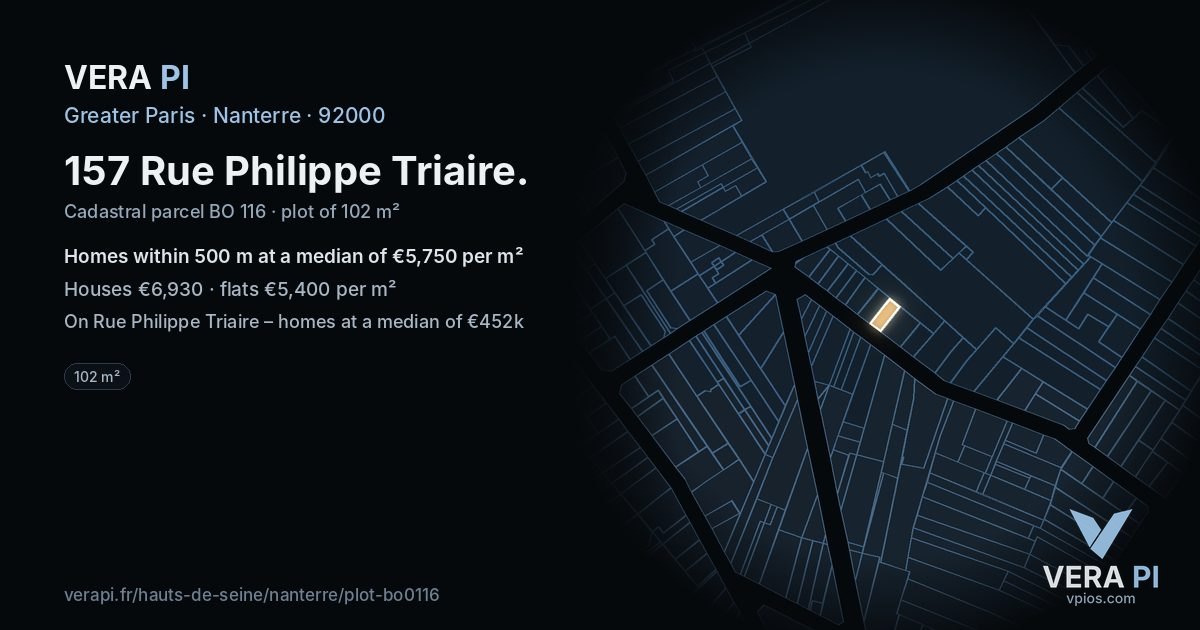 157 Rue Philippe Triaire, Nanterre at night – the plot lit, the parcels around coloured by the prices near them