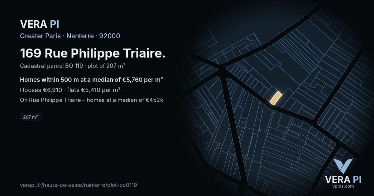 169 Rue Philippe Triaire, Nanterre at night – the plot lit, the parcels around coloured by the prices near them