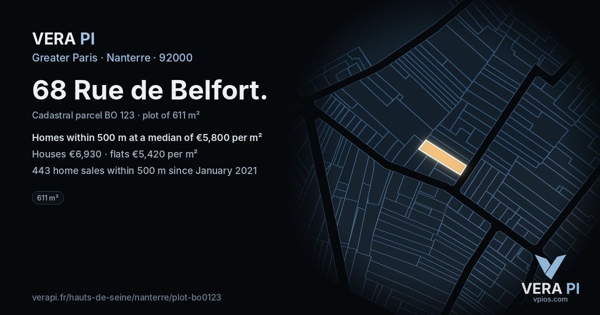 68 Rue de Belfort, Nanterre at night – the plot lit, the parcels around coloured by the prices near them