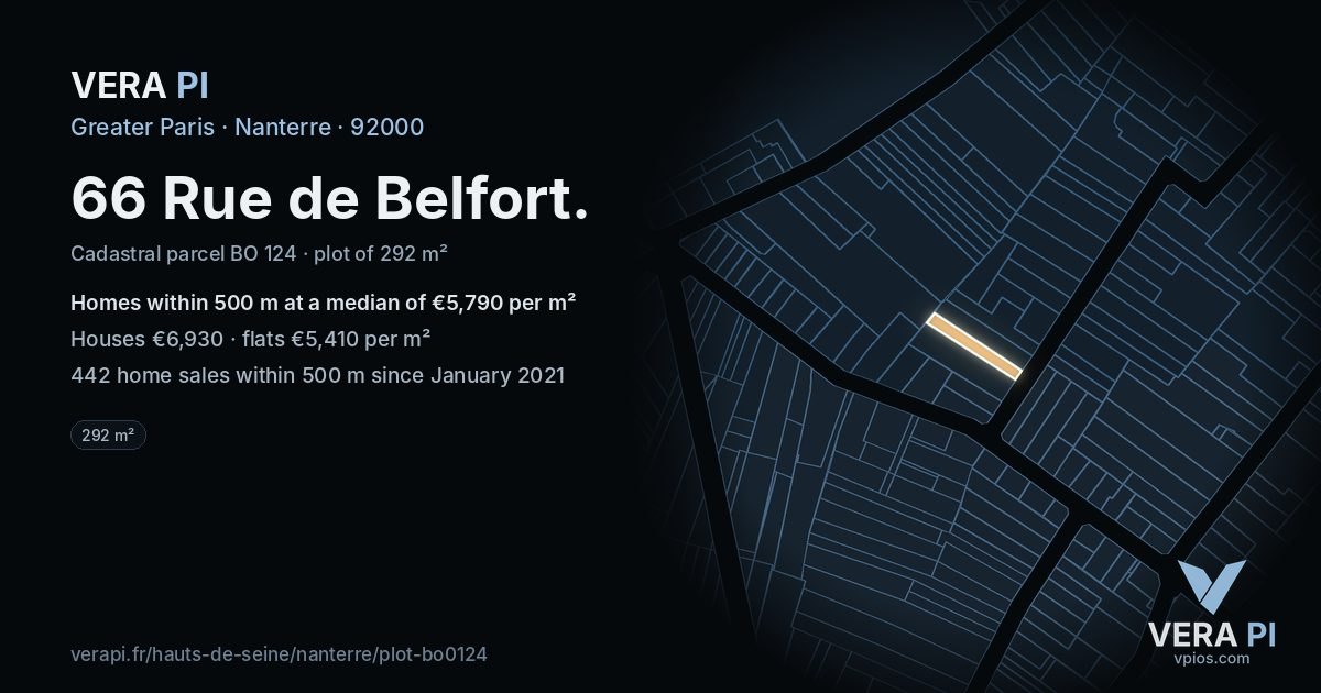 66 Rue de Belfort, Nanterre at night – the plot lit, the parcels around coloured by the prices near them