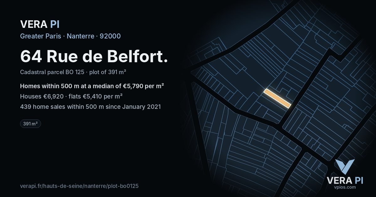 64 Rue de Belfort, Nanterre at night – the plot lit, the parcels around coloured by the prices near them