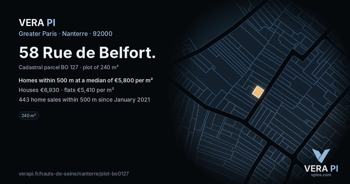 58 Rue de Belfort, Nanterre at night – the plot lit, the parcels around coloured by the prices near them