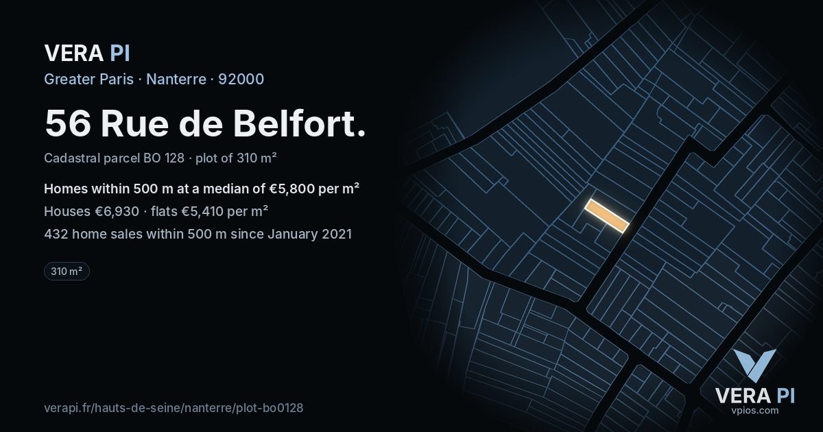 56 Rue de Belfort, Nanterre at night – the plot lit, the parcels around coloured by the prices near them