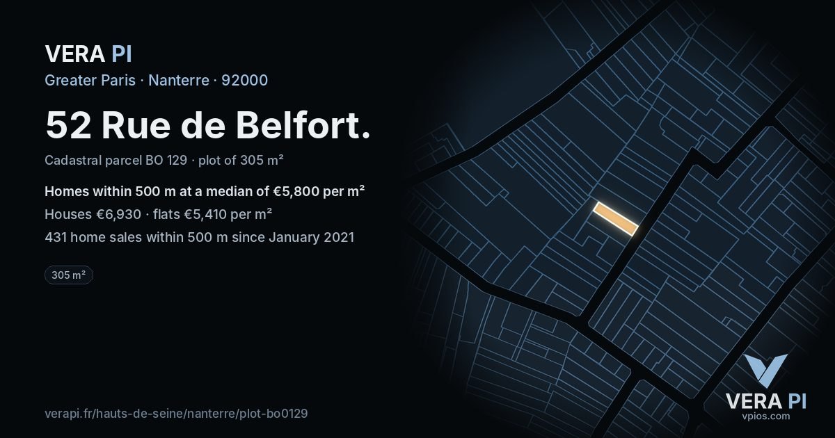 52 Rue de Belfort, Nanterre at night – the plot lit, the parcels around coloured by the prices near them