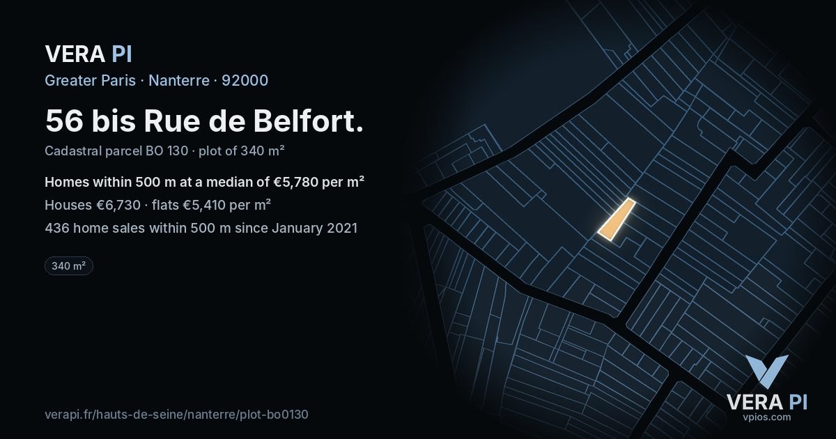 56 bis Rue de Belfort, Nanterre at night – the plot lit, the parcels around coloured by the prices near them