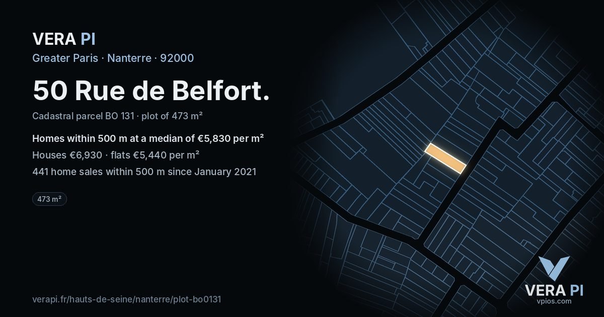 50 Rue de Belfort, Nanterre at night – the plot lit, the parcels around coloured by the prices near them