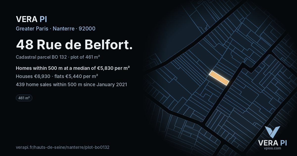 48 Rue de Belfort, Nanterre at night – the plot lit, the parcels around coloured by the prices near them
