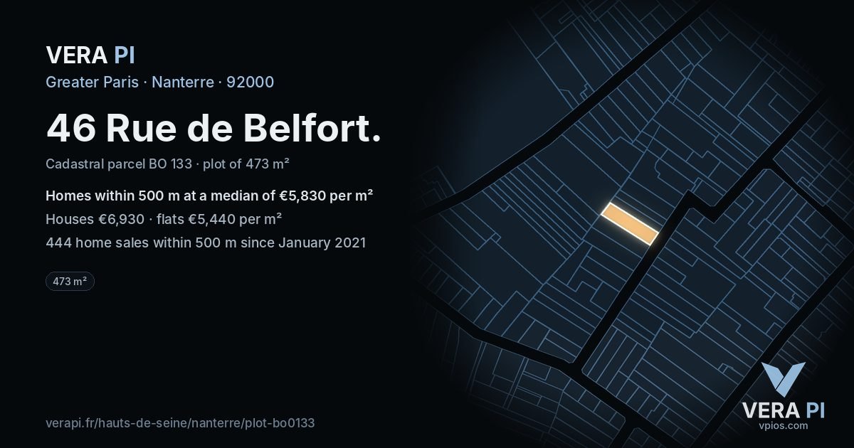 46 Rue de Belfort, Nanterre at night – the plot lit, the parcels around coloured by the prices near them