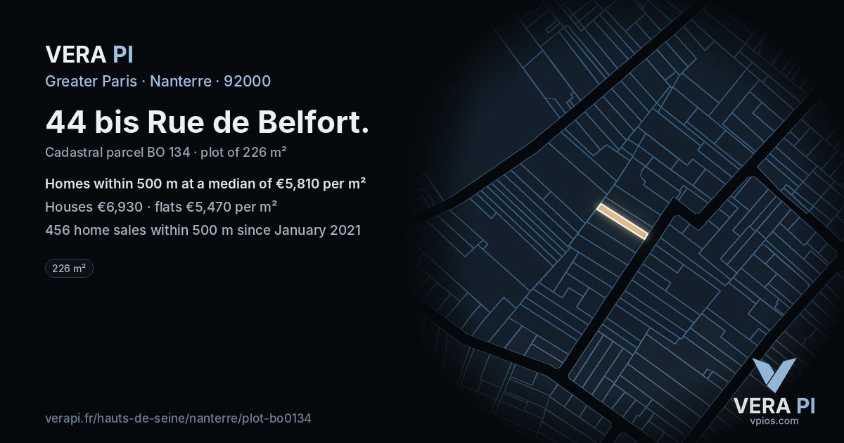 44 bis Rue de Belfort, Nanterre at night – the plot lit, the parcels around coloured by the prices near them