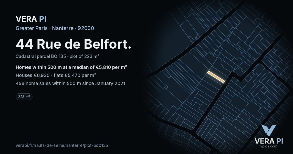 44 Rue de Belfort, Nanterre at night – the plot lit, the parcels around coloured by the prices near them