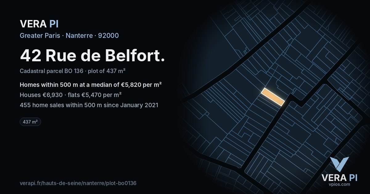 42 Rue de Belfort, Nanterre at night – the plot lit, the parcels around coloured by the prices near them