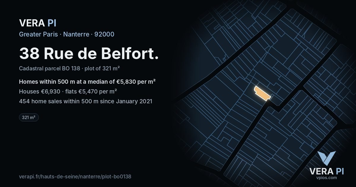 38 Rue de Belfort, Nanterre at night – the plot lit, the parcels around coloured by the prices near them