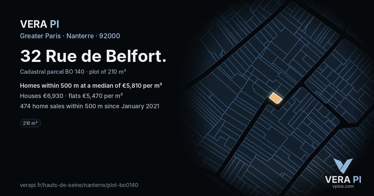32 Rue de Belfort, Nanterre at night – the plot lit, the parcels around coloured by the prices near them