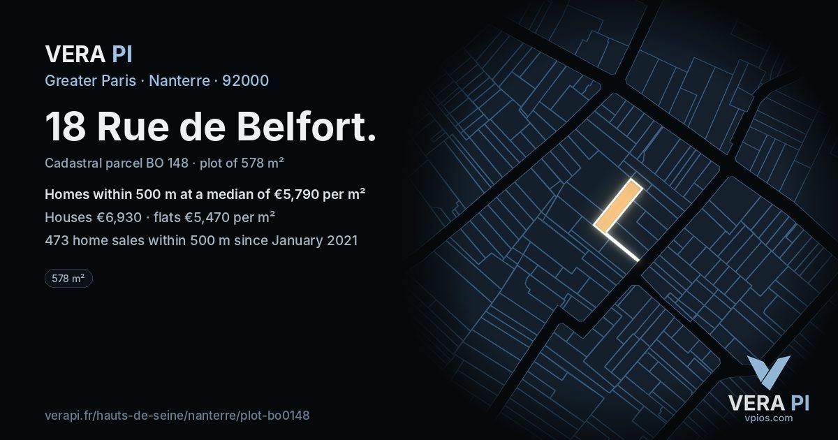18 Rue de Belfort, Nanterre at night – the plot lit, the parcels around coloured by the prices near them