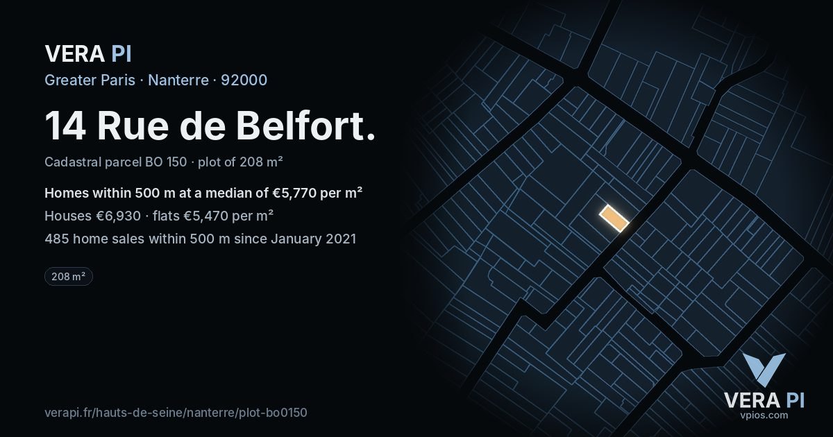 14 Rue de Belfort, Nanterre at night – the plot lit, the parcels around coloured by the prices near them