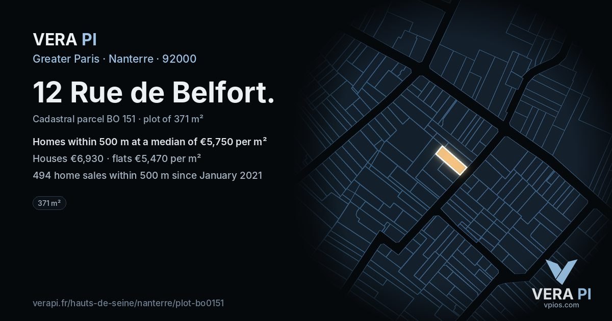 12 Rue de Belfort, Nanterre at night – the plot lit, the parcels around coloured by the prices near them