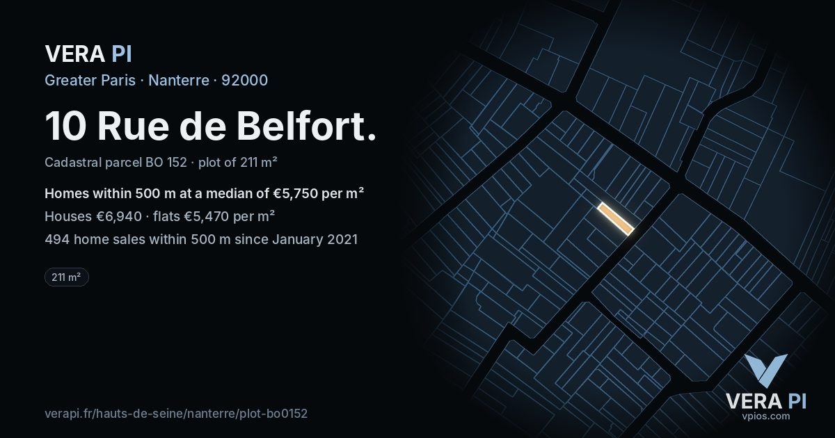 10 Rue de Belfort, Nanterre at night – the plot lit, the parcels around coloured by the prices near them