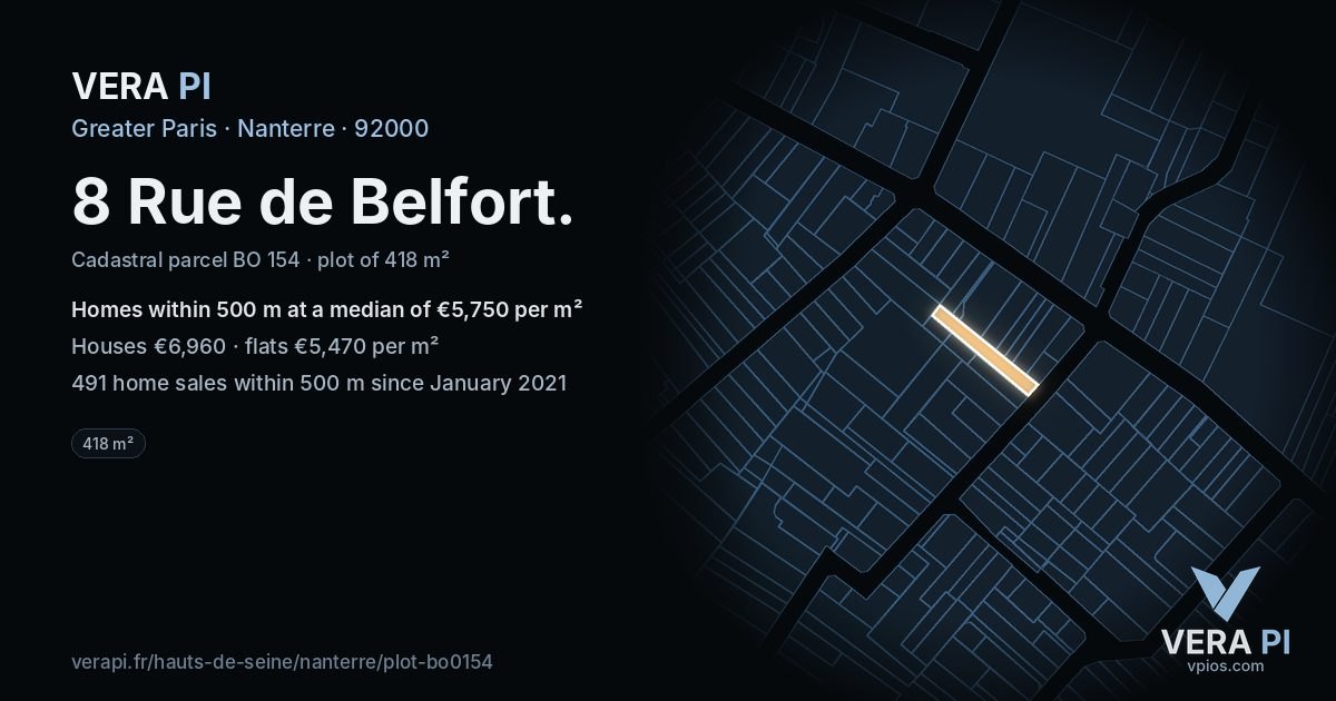 8 Rue de Belfort, Nanterre at night – the plot lit, the parcels around coloured by the prices near them