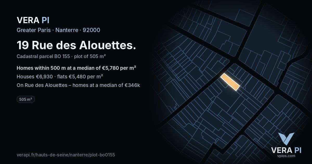 19 Rue des Alouettes, Nanterre at night – the plot lit, the parcels around coloured by the prices near them