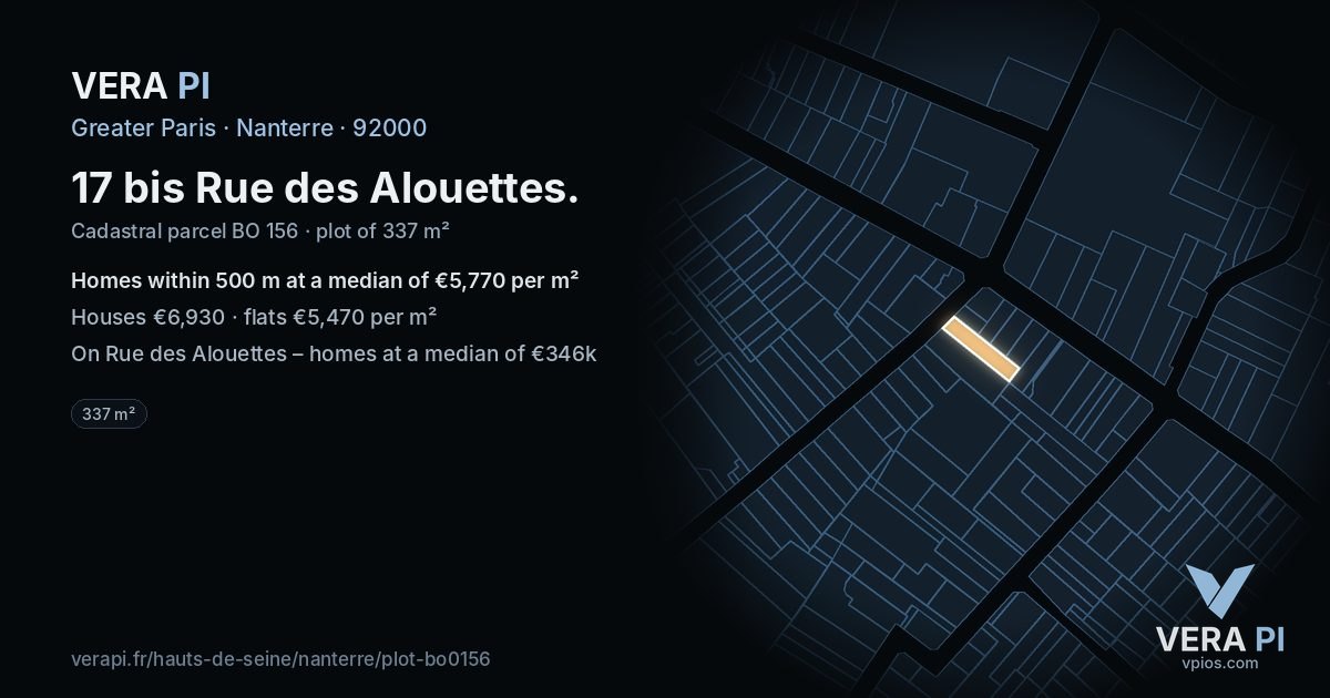 17 bis Rue des Alouettes, Nanterre at night – the plot lit, the parcels around coloured by the prices near them