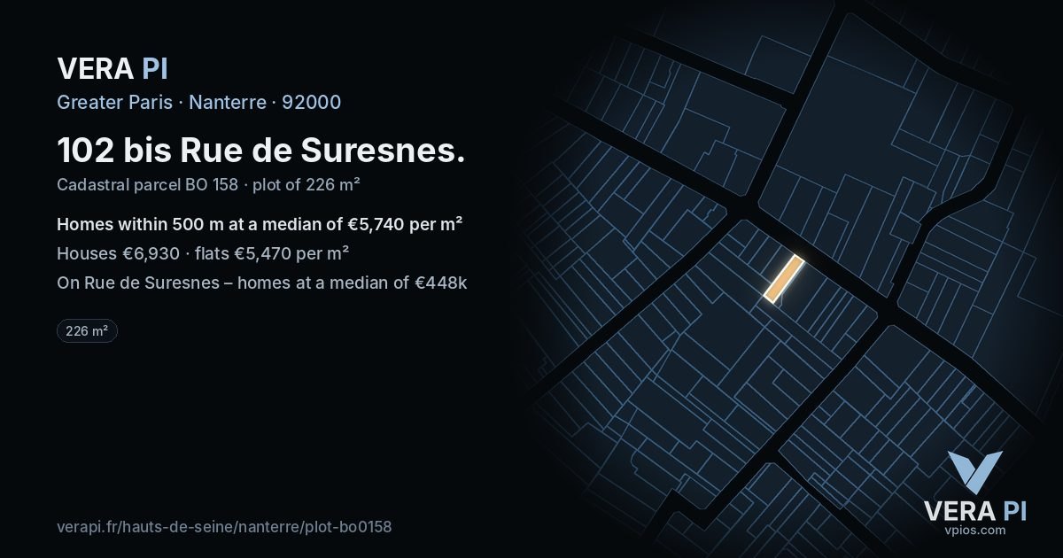 102 bis Rue de Suresnes, Nanterre at night – the plot lit, the parcels around coloured by the prices near them