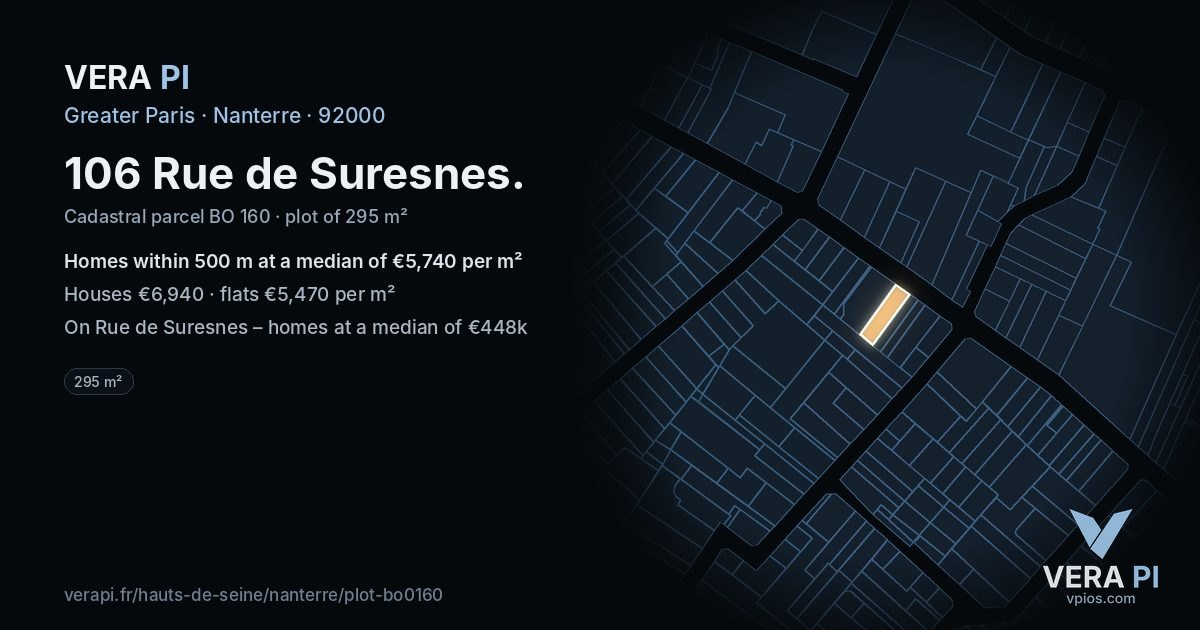 106 Rue de Suresnes, Nanterre at night – the plot lit, the parcels around coloured by the prices near them