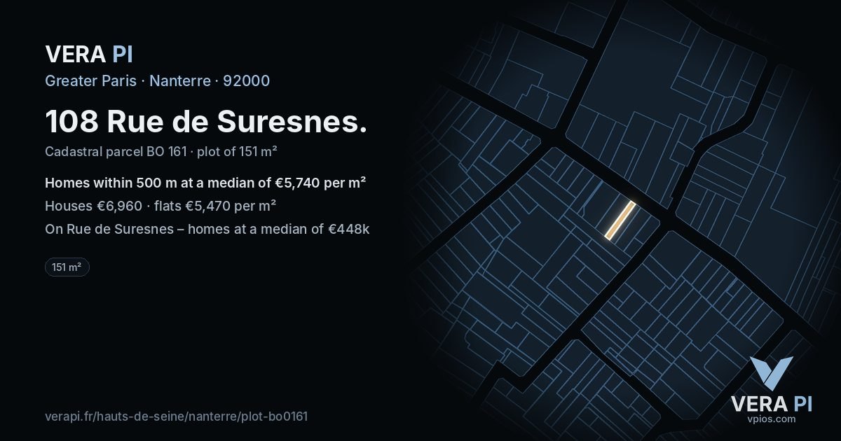 108 Rue de Suresnes, Nanterre at night – the plot lit, the parcels around coloured by the prices near them