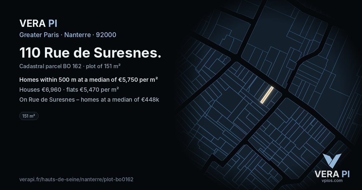 110 Rue de Suresnes, Nanterre at night – the plot lit, the parcels around coloured by the prices near them