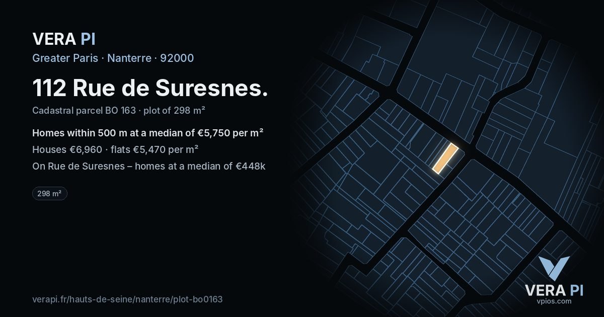 112 Rue de Suresnes, Nanterre at night – the plot lit, the parcels around coloured by the prices near them