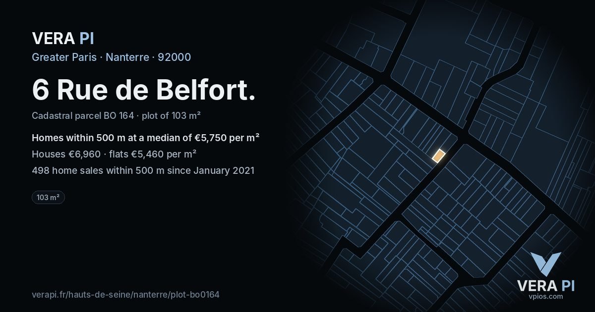 6 Rue de Belfort, Nanterre at night – the plot lit, the parcels around coloured by the prices near them