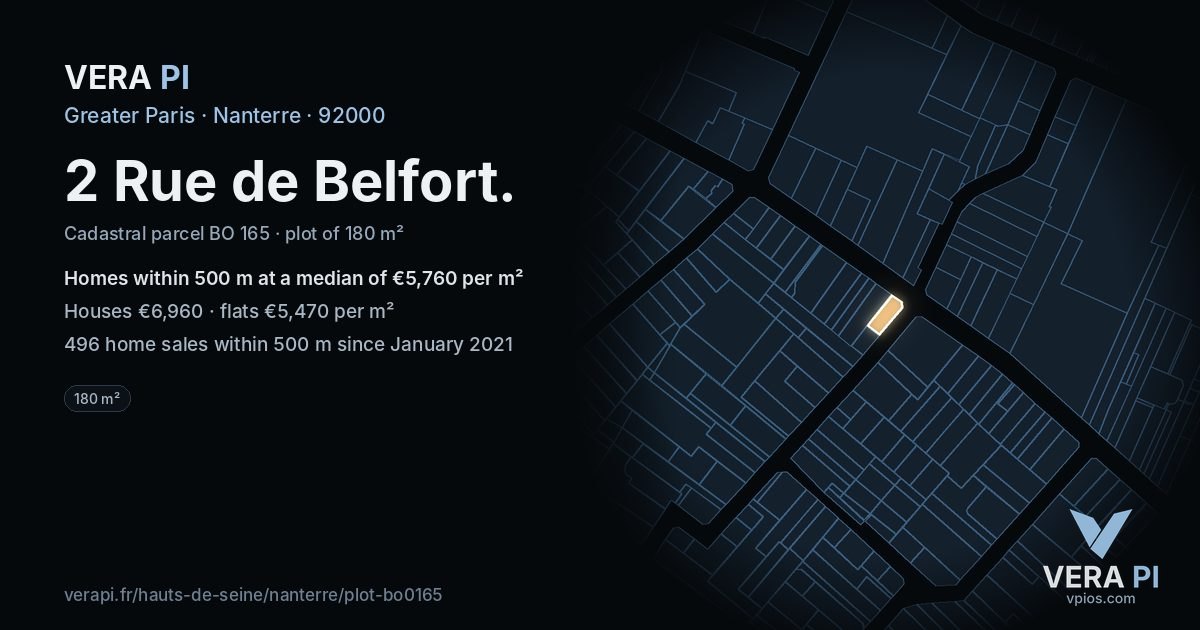 2 Rue de Belfort, Nanterre at night – the plot lit, the parcels around coloured by the prices near them