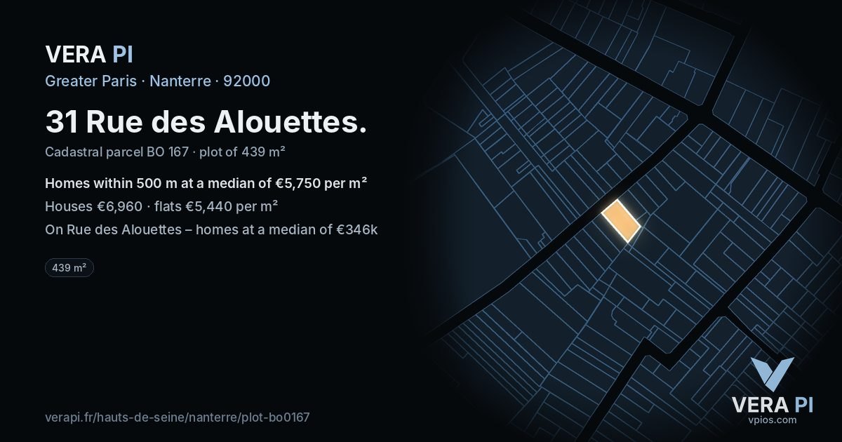 31 Rue des Alouettes, Nanterre at night – the plot lit, the parcels around coloured by the prices near them
