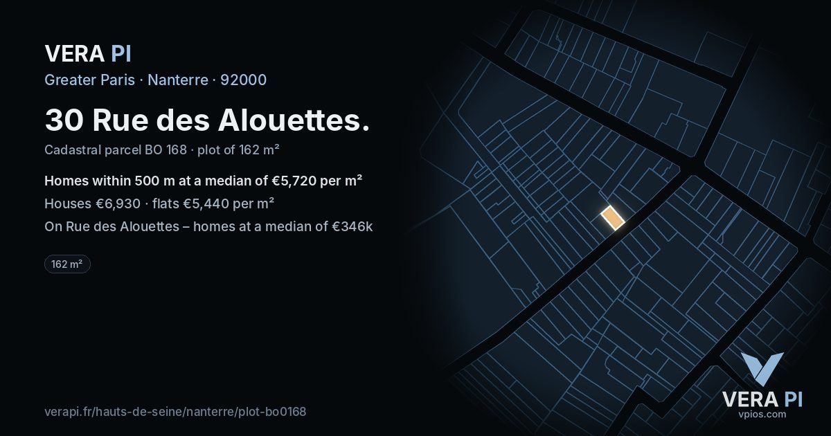 30 Rue des Alouettes, Nanterre at night – the plot lit, the parcels around coloured by the prices near them
