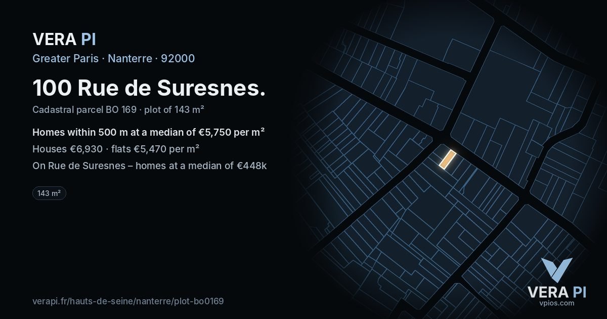 100 Rue de Suresnes, Nanterre at night – the plot lit, the parcels around coloured by the prices near them