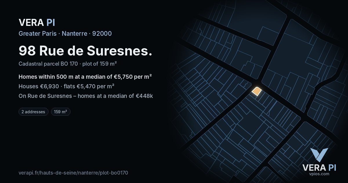 98 Rue de Suresnes, Nanterre at night – the plot lit, the parcels around coloured by the prices near them