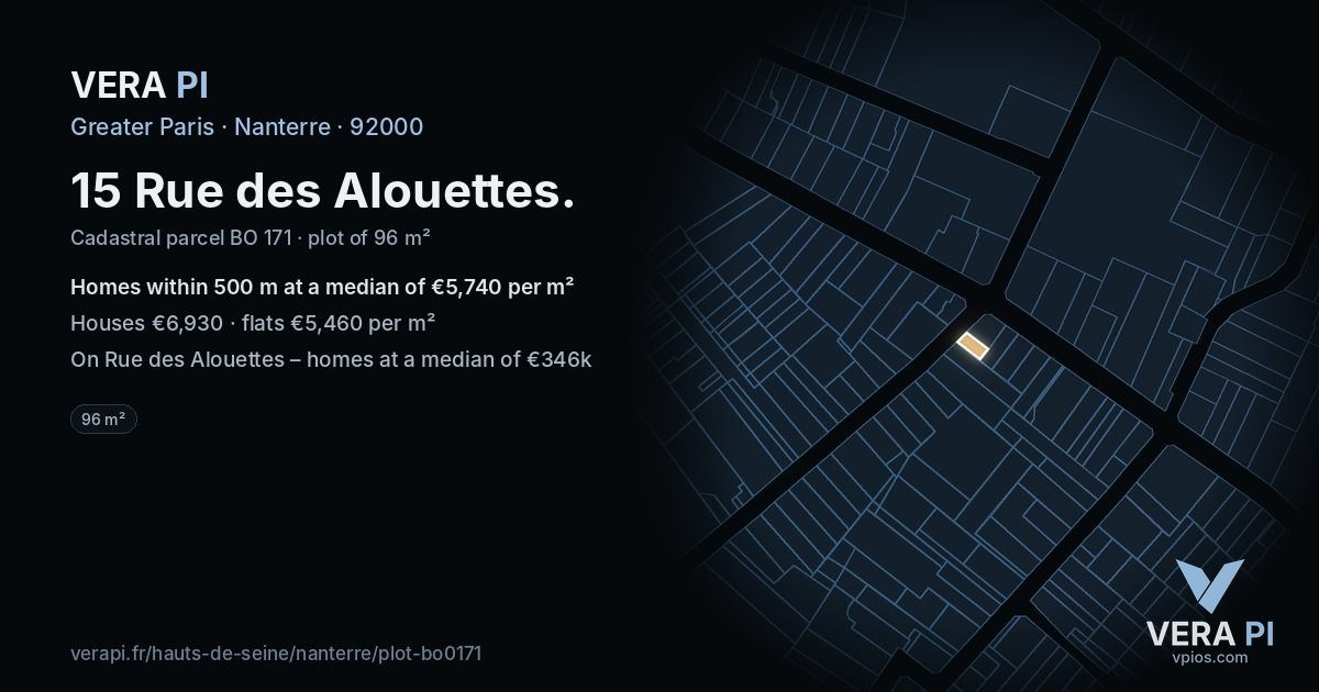 15 Rue des Alouettes, Nanterre at night – the plot lit, the parcels around coloured by the prices near them